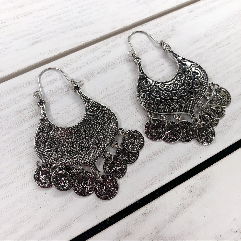 Sky Vintage Silver Tone Bohemian Coin Metal Drop Earrings - Picture 2 of 3